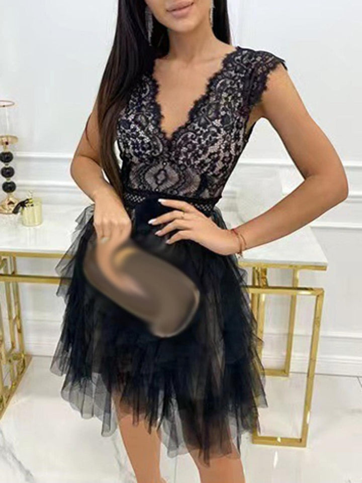 Woman wearing Black Lace Tiered Mini Dress with A-line, lace | Lunova