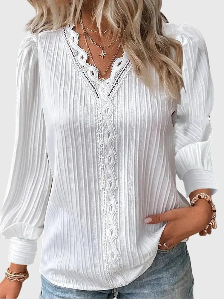 Woman wearing White Lace-trim Blouse with lace | Lunova