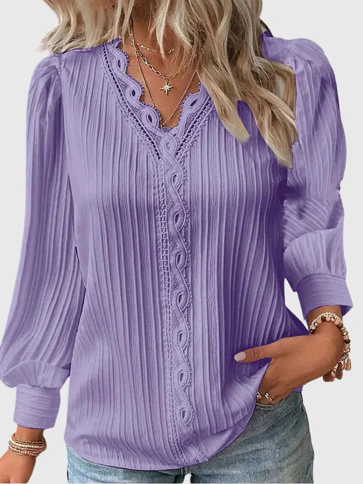 Woman wearing Purple Lace-trim Blouse with lace | Lunova