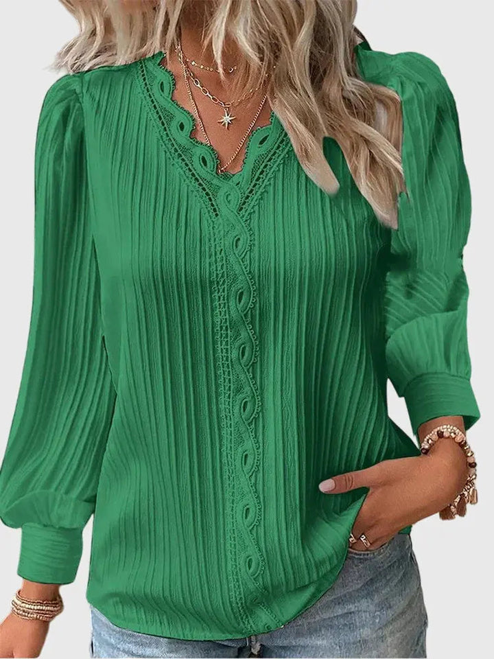 Woman wearing Green Lace-trim Blouse with lace | Lunova