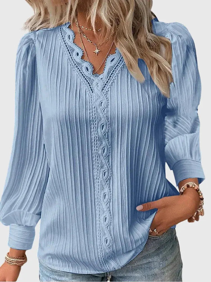Woman wearing Blue Lace-trim Blouse with lace | Lunova