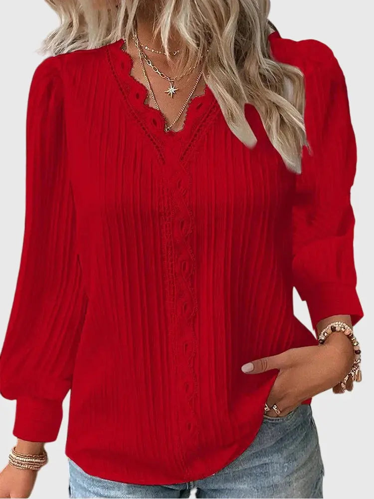 Woman wearing Red Lace-trim Blouse with lace | Lunova