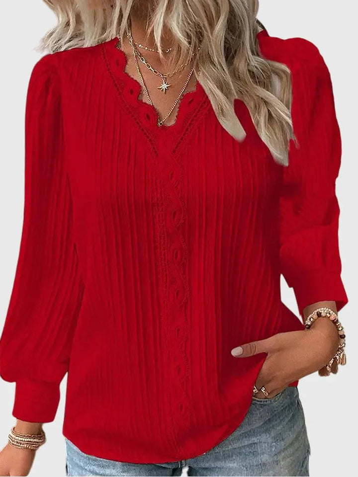 Woman wearing Red Lace-trim Blouse with lace | Lunova