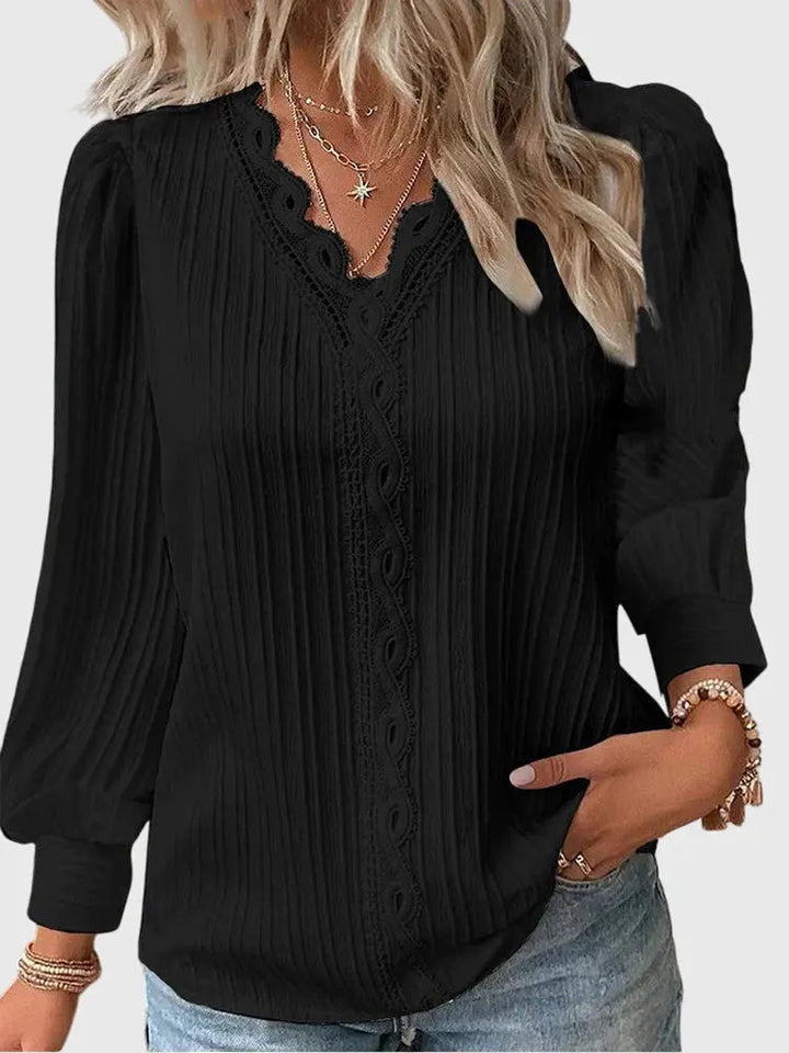 Woman wearing Black Lace-trim Blouse with lace | Lunova