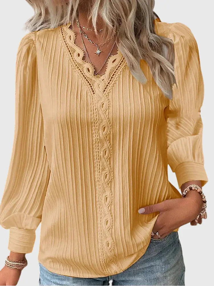 Woman wearing Yellow Lace-trim Blouse with lace | Lunova