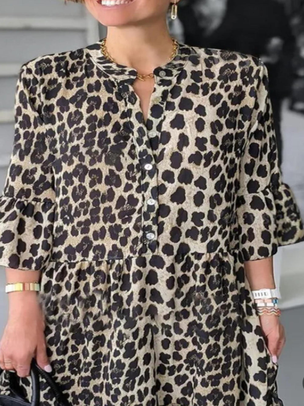 Leopard Button Midi Dress-Lunova Fashion