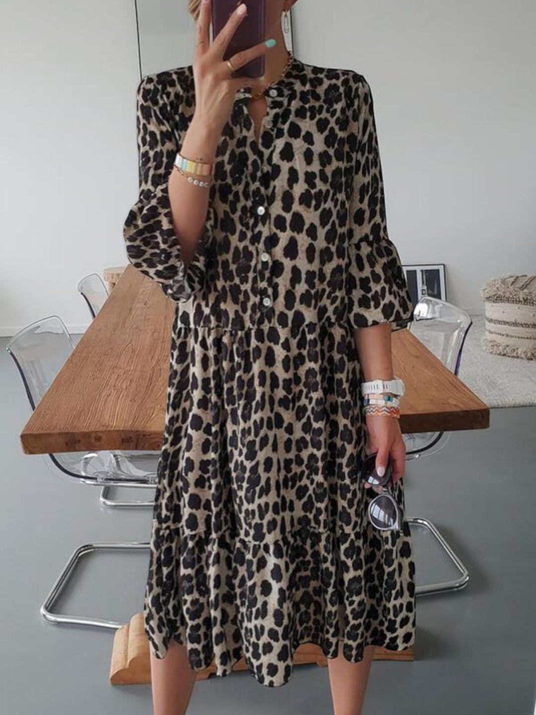 Leopard Button Midi Dress-Lunova Fashion