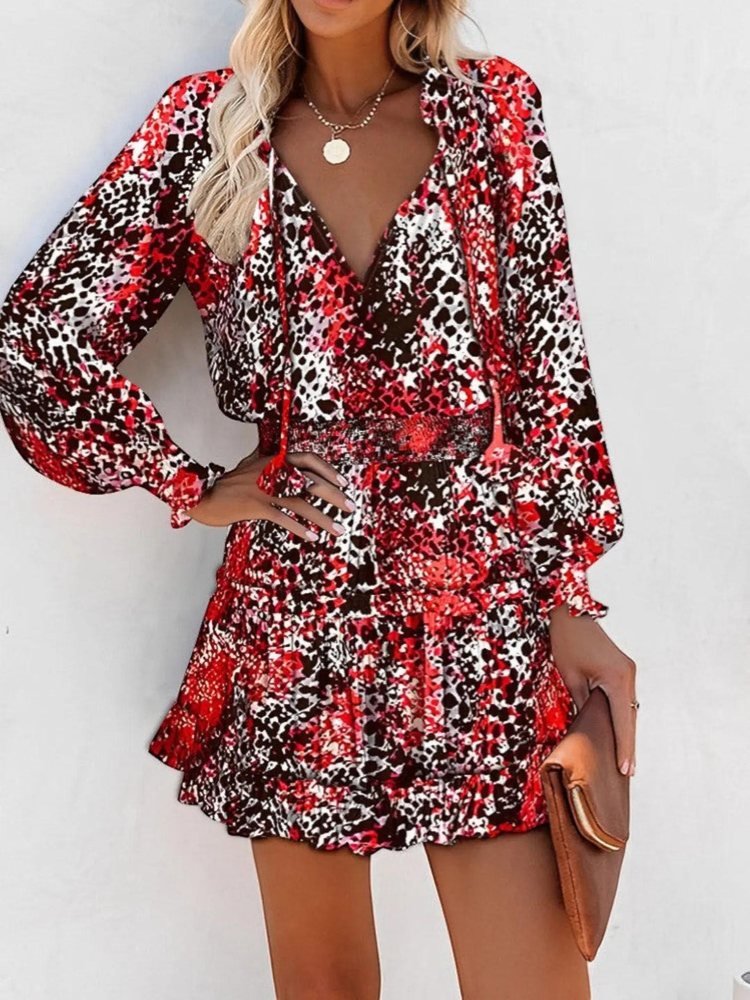 Woman wearing Red Leopard Print Midi Dress with empire-waist, V-neck | Lunova