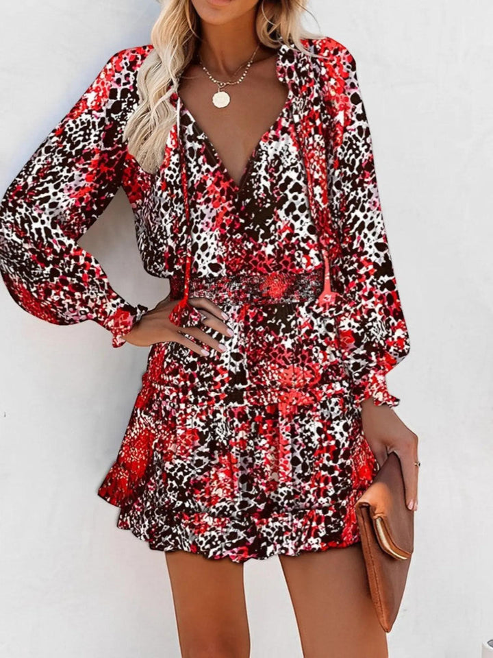 Woman wearing Red Leopard Print Midi Dress with empire-waist, V-neck | Lunova