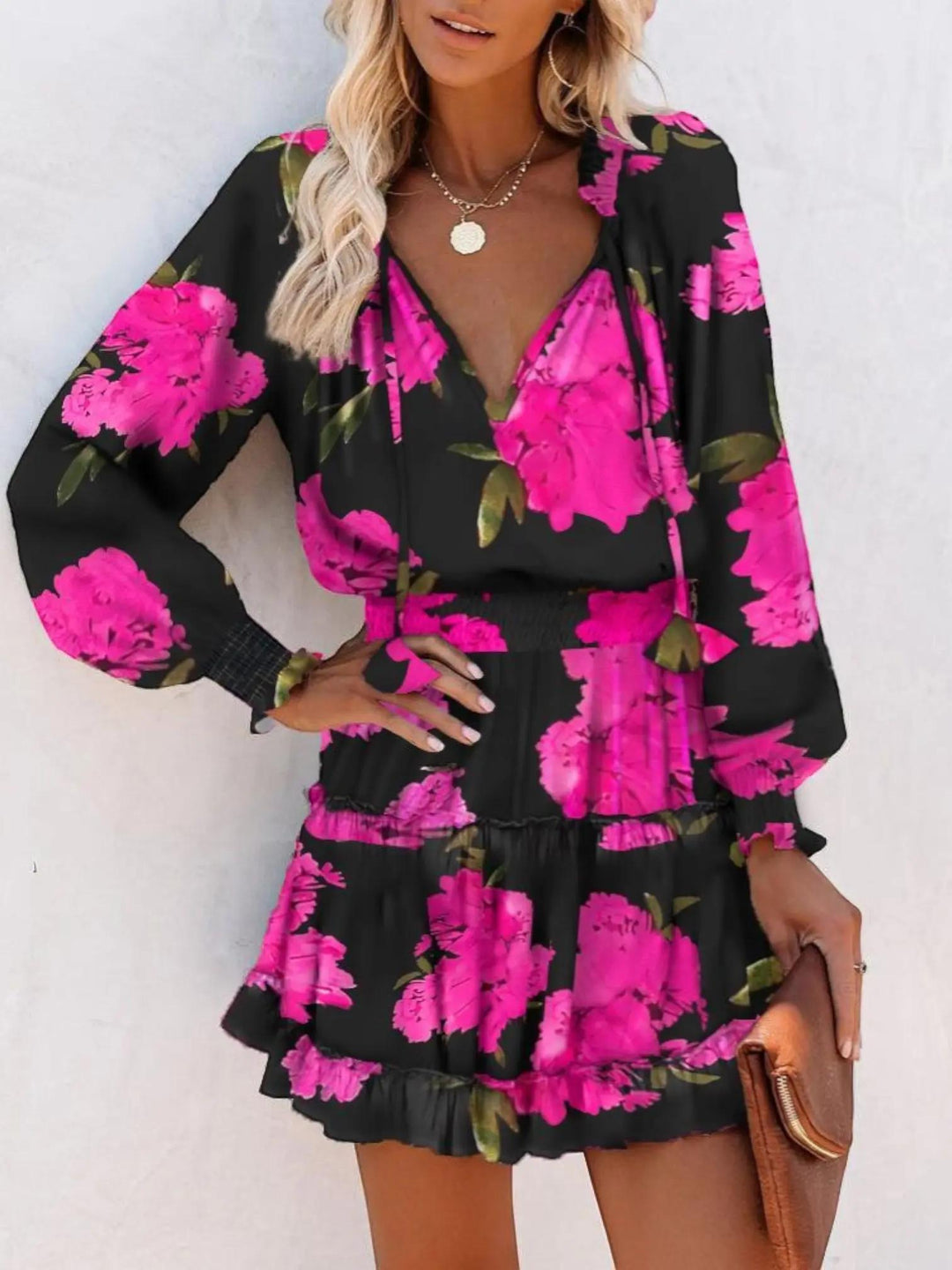 Woman wearing Red Leopard Print Midi Dress with empire-waist, V-neck | Lunova