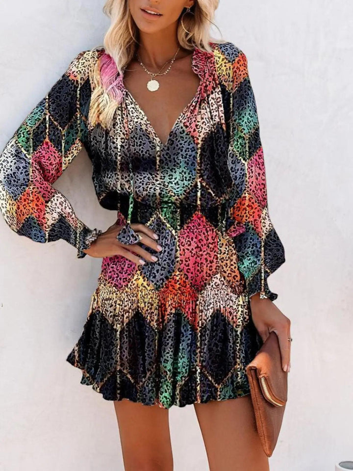 Woman wearing Black Leopard Print Midi Dress with empire-waist, V-neck | Lunova