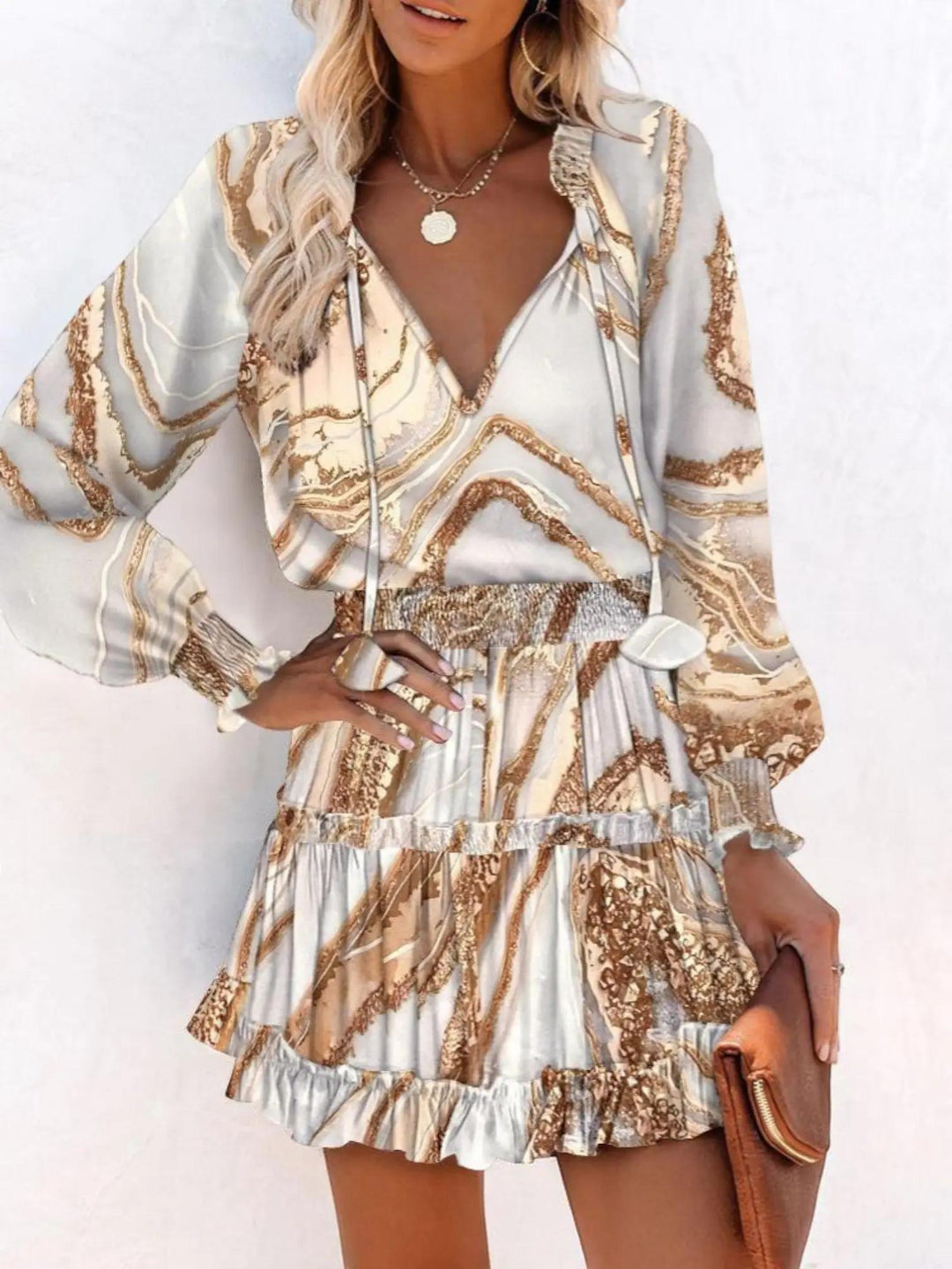 Woman wearing Khaki Leopard Print Midi Dress with empire-waist, V-neck | Lunova