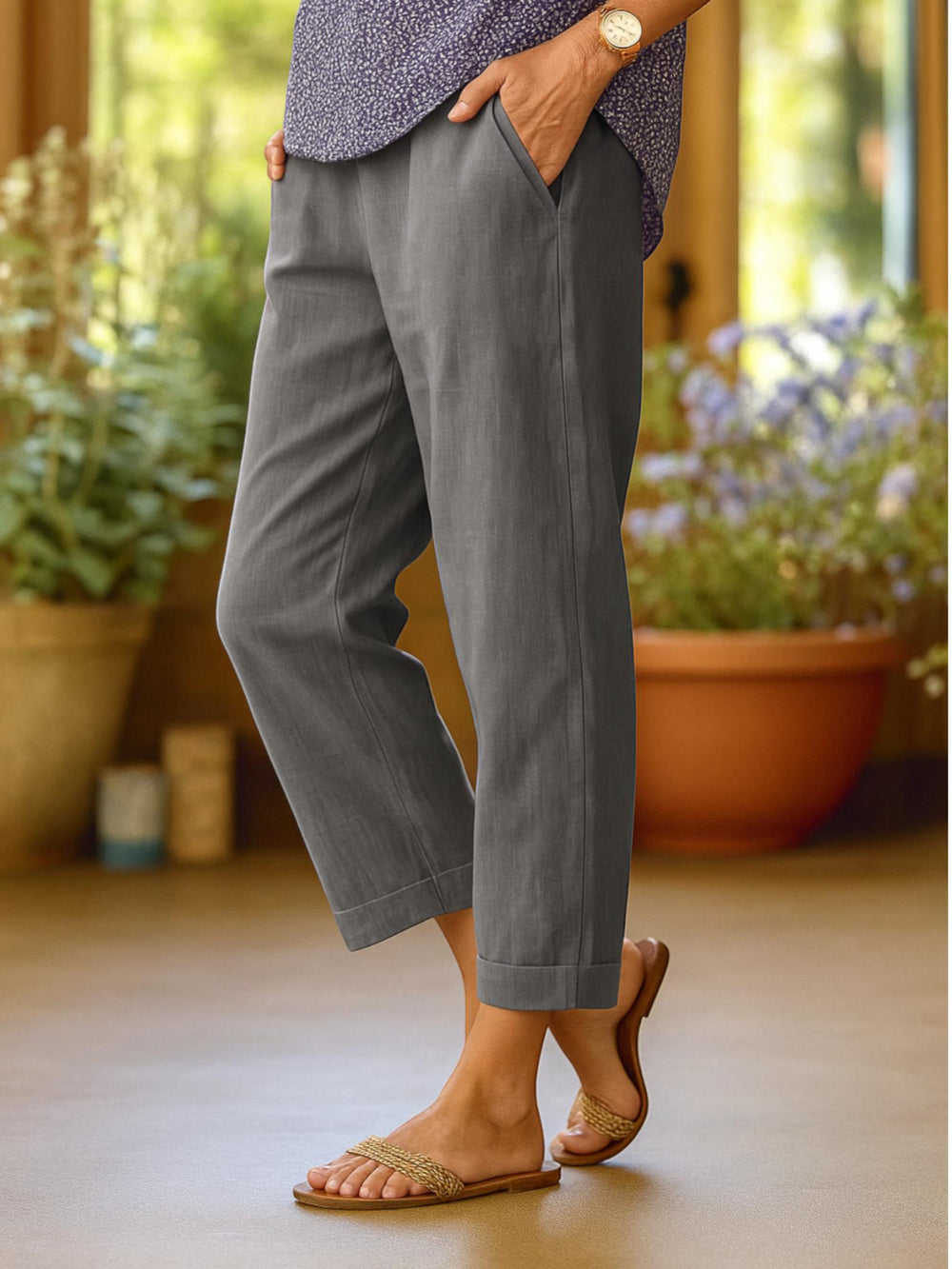 Woman wearing Grey Lightweight Trousers | Lunova