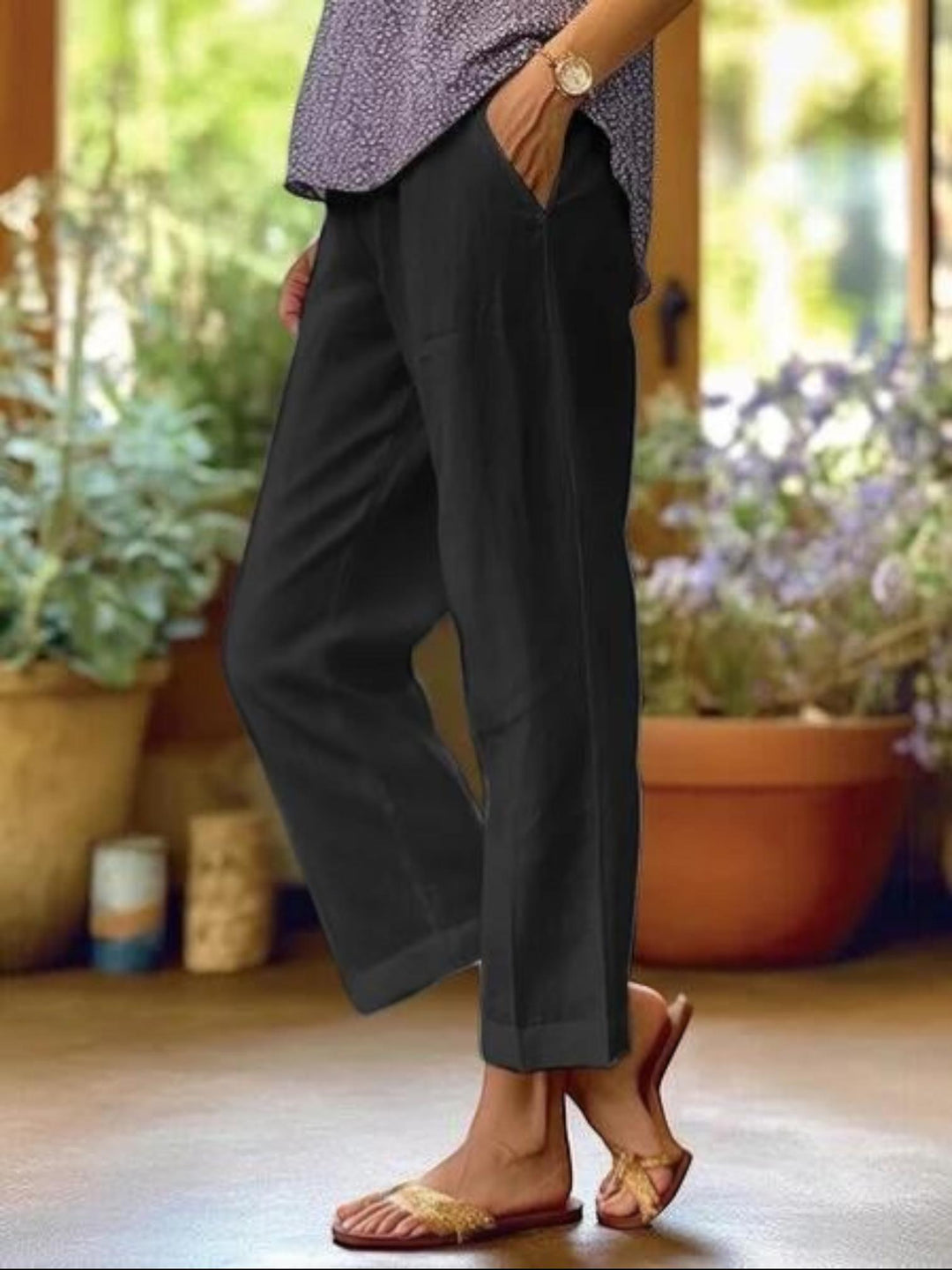 Woman wearing Black Lightweight Trousers | Lunova