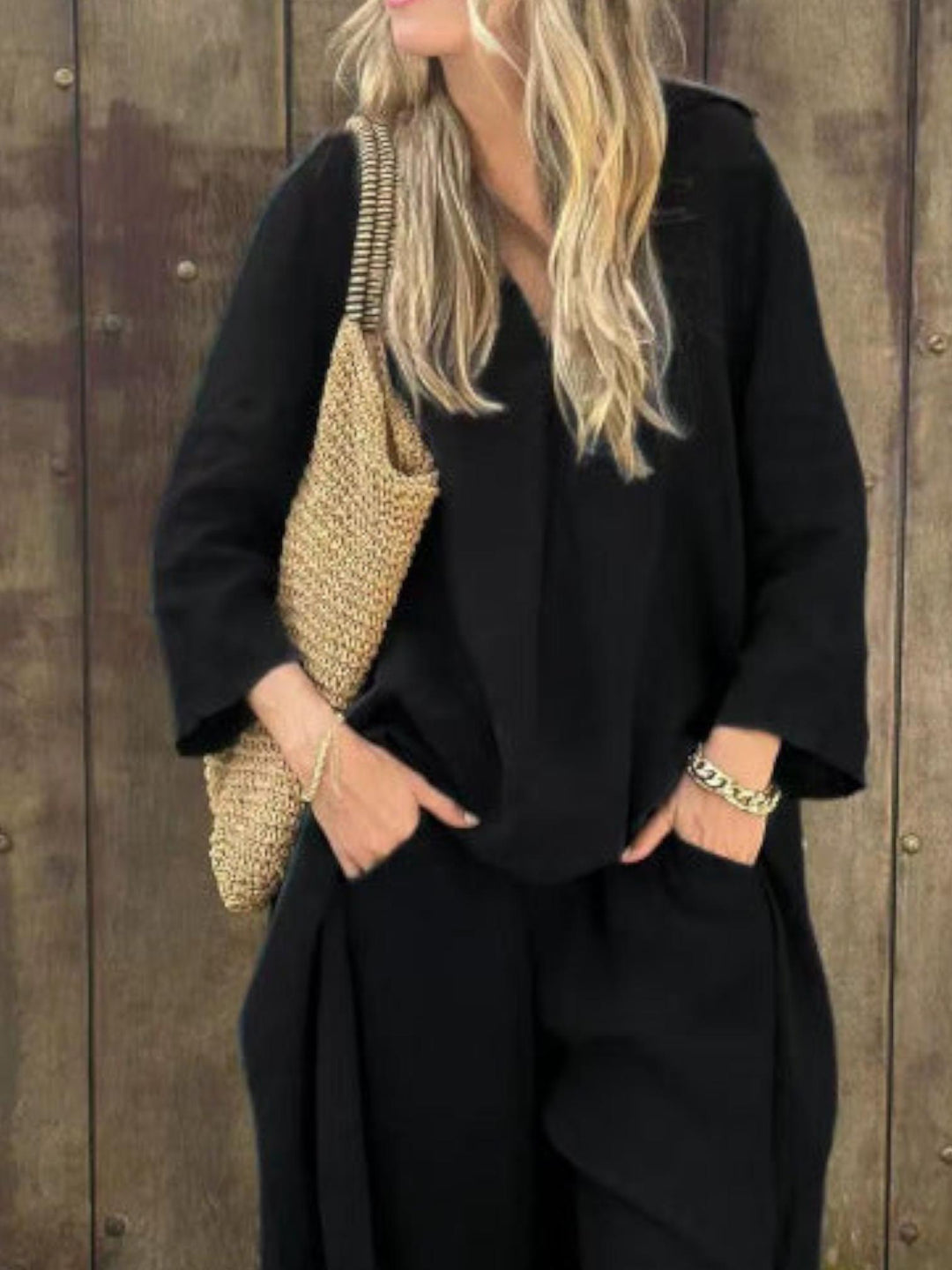Woman wearing Black Loose Two-Piece Set with relaxed | Lunova