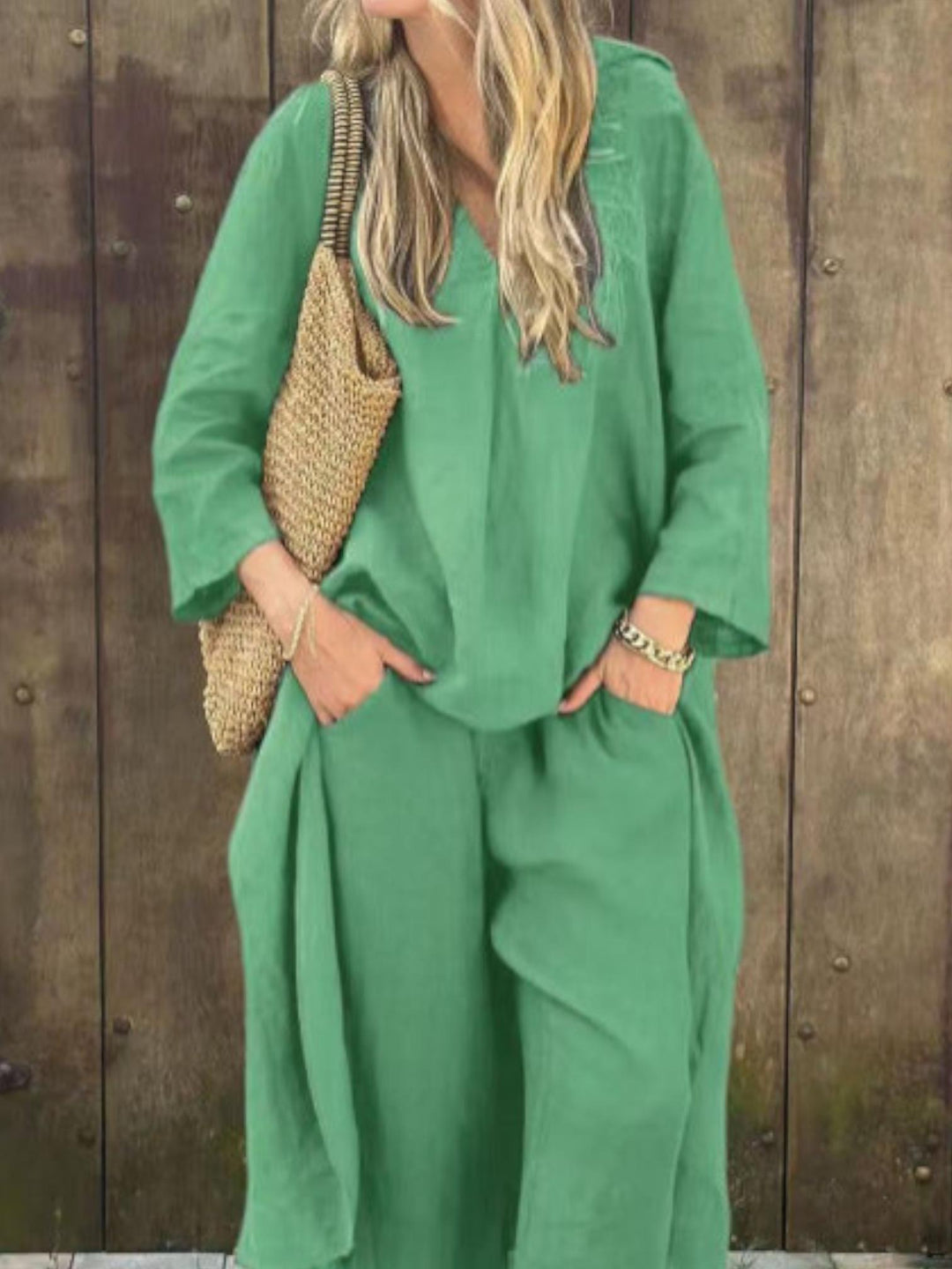 Woman wearing Green Loose Two-Piece Set with relaxed | Lunova