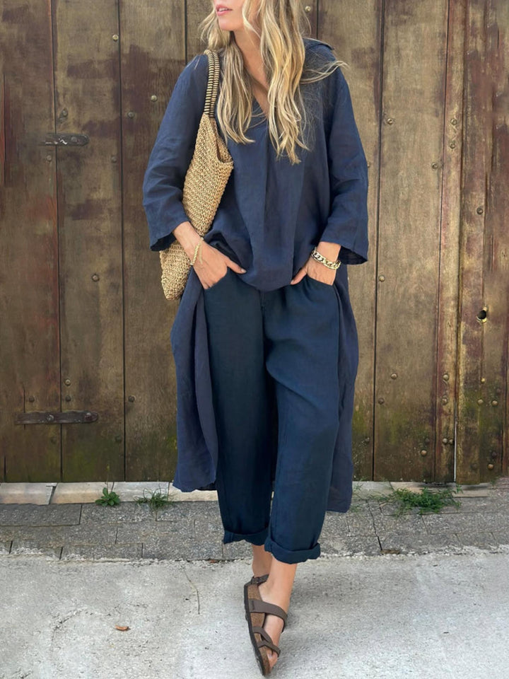 Woman wearing Navy Loose Two-Piece Set with relaxed | Lunova