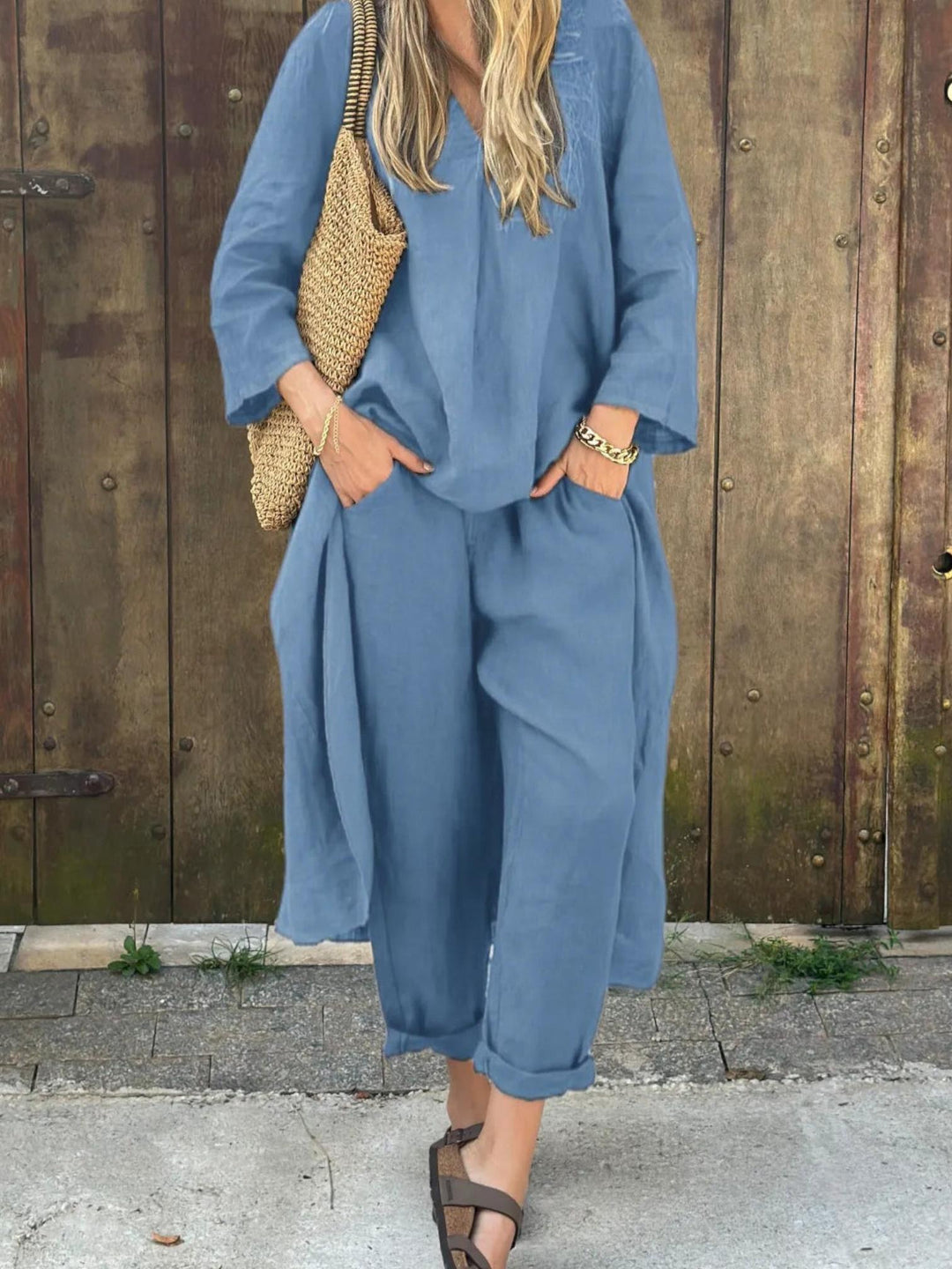 Woman wearing Blue Loose Two-Piece Set with relaxed | Lunova