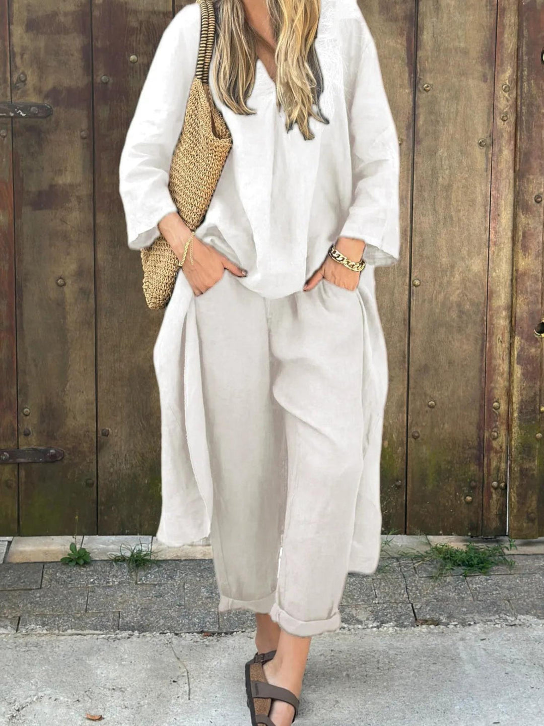 Woman wearing White Loose Two-Piece Set with relaxed | Lunova