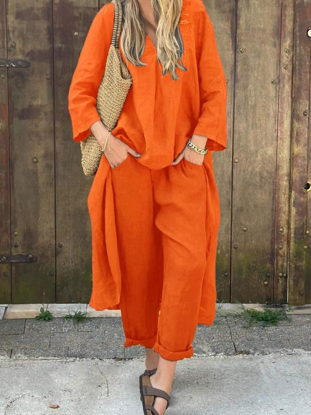 Woman wearing Orange Loose Two-Piece Set with relaxed | Lunova