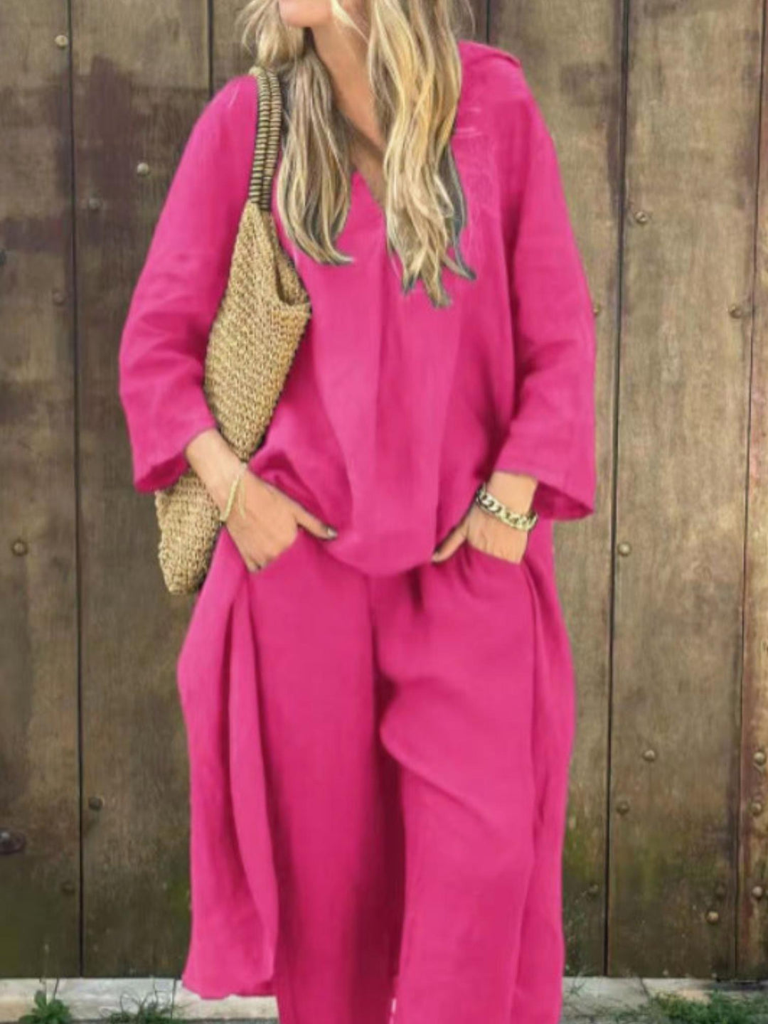 Woman wearing Red Loose Two-Piece Set with relaxed | Lunova