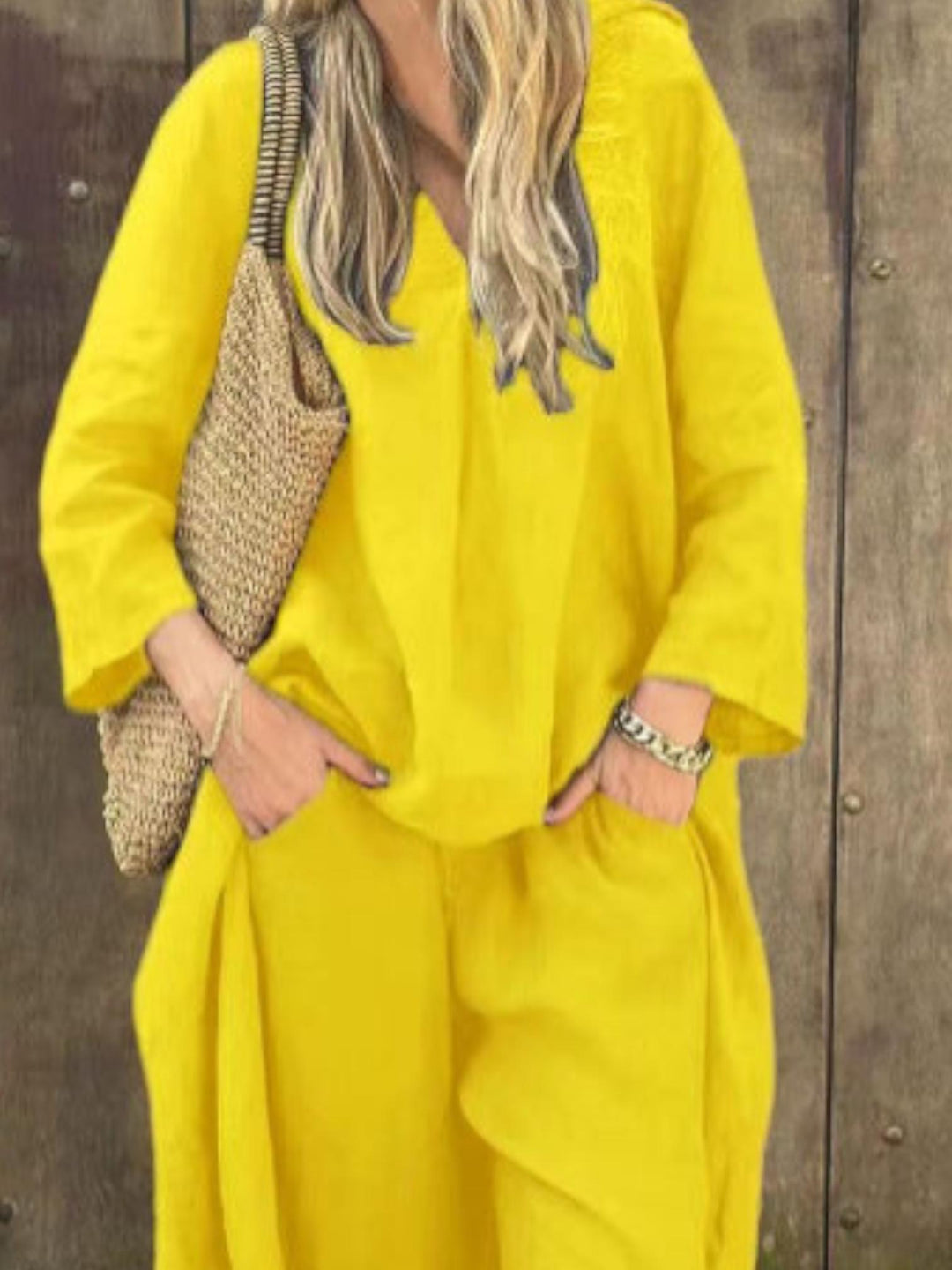 Woman wearing Yellow Loose Two-Piece Set with relaxed | Lunova