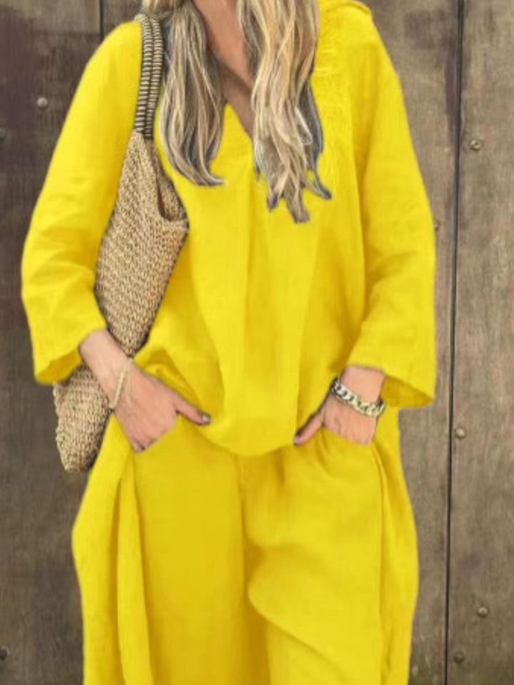 Woman wearing Yellow Loose Two-Piece Set with relaxed | Lunova
