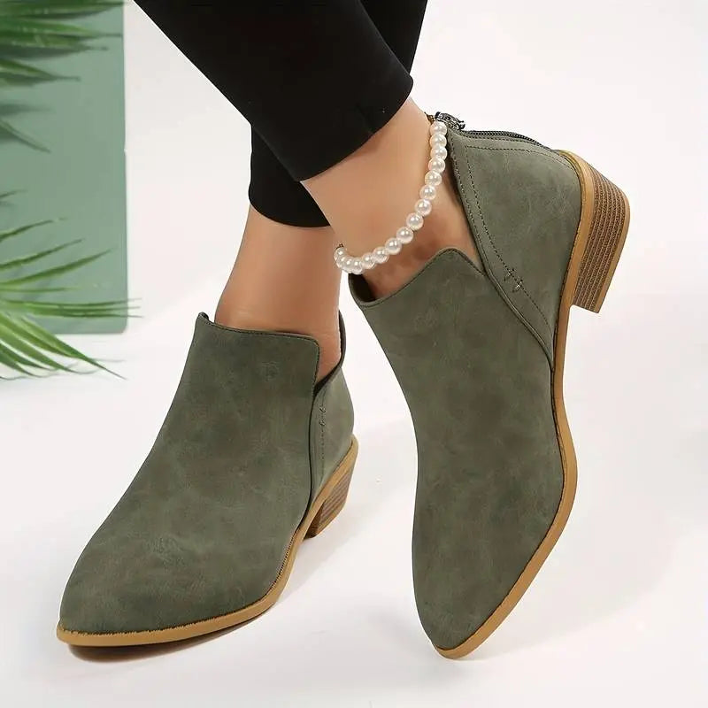 Army Green Low Heel Boots with cushioned | Lunova