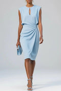 Woman wearing Light Blue Midi Cocktail Dress with ruched | Lunova