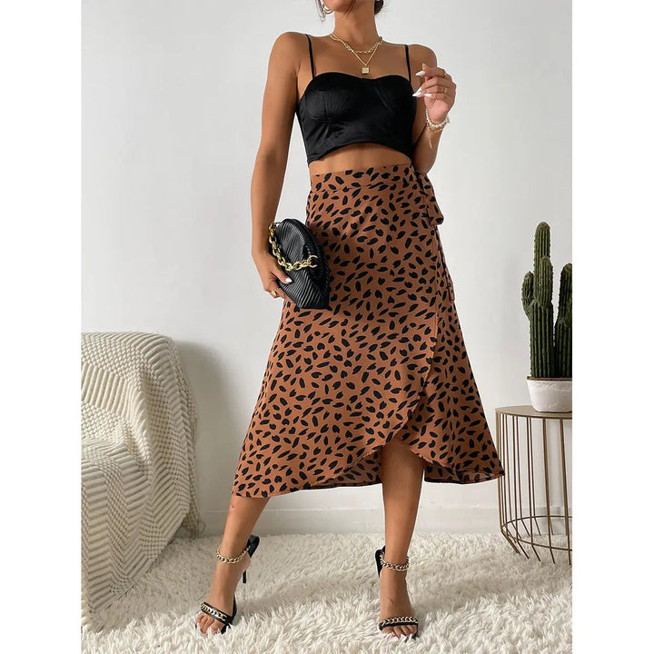 Woman wearing Brown Midi Warp Skirt with high-waist | Lunova