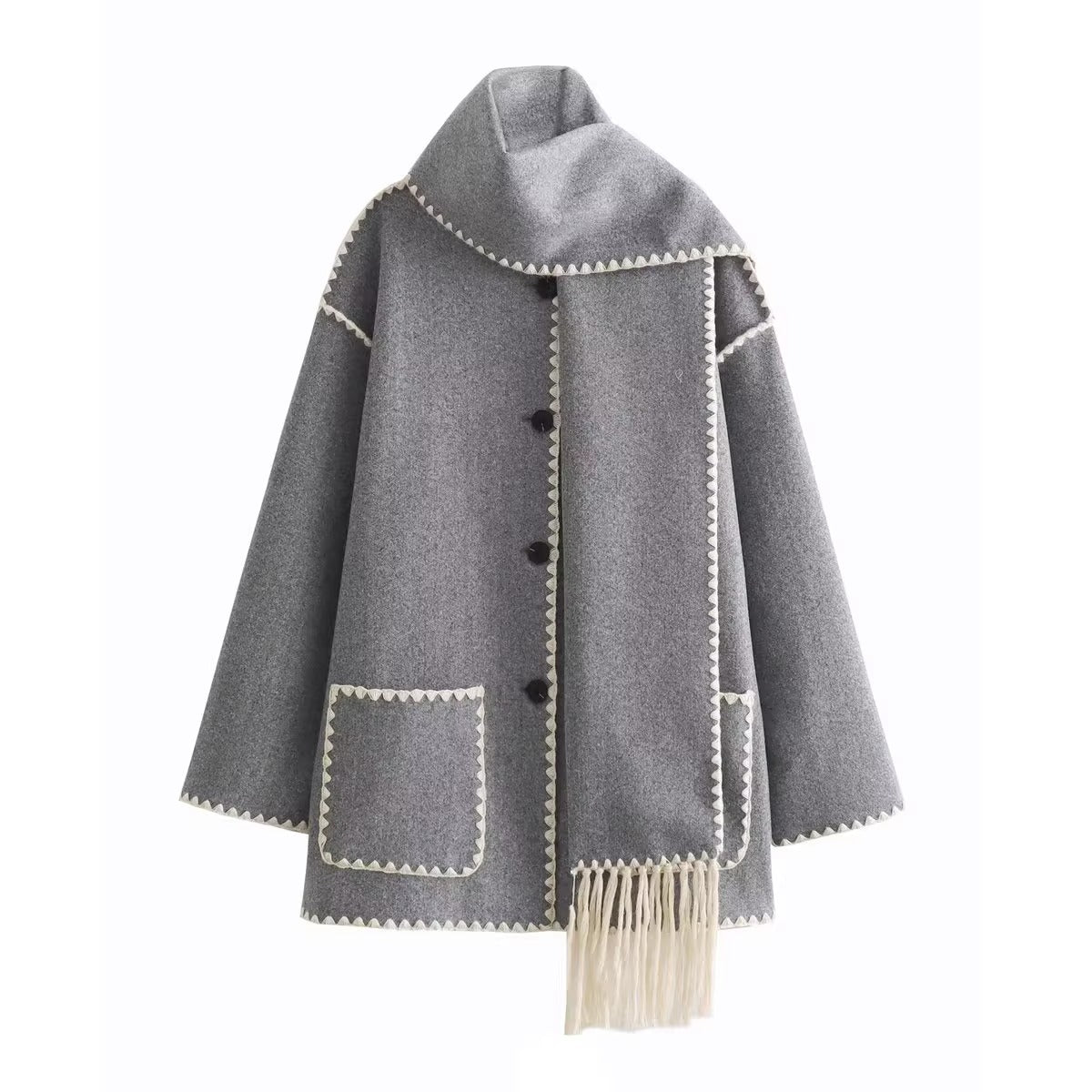 Trendy Scarf Decorated Patchwork Wool Jacket