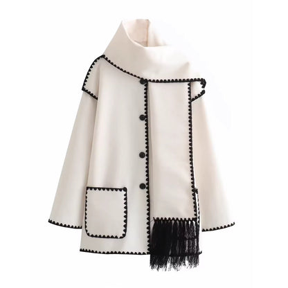 Trendy Scarf Decorated Patchwork Wool Jacket