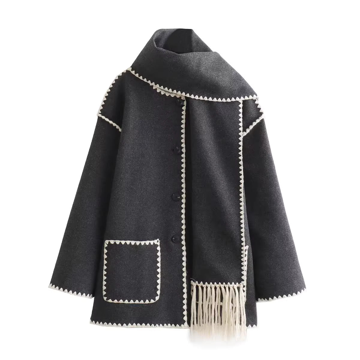 Trendy Scarf Decorated Patchwork Wool Jacket