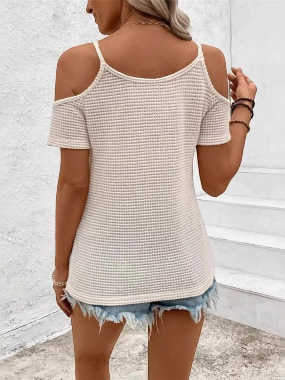Woman wearing Off Shoulder Crochet Top with relaxed, off-shoulder — view 2 | Lunova