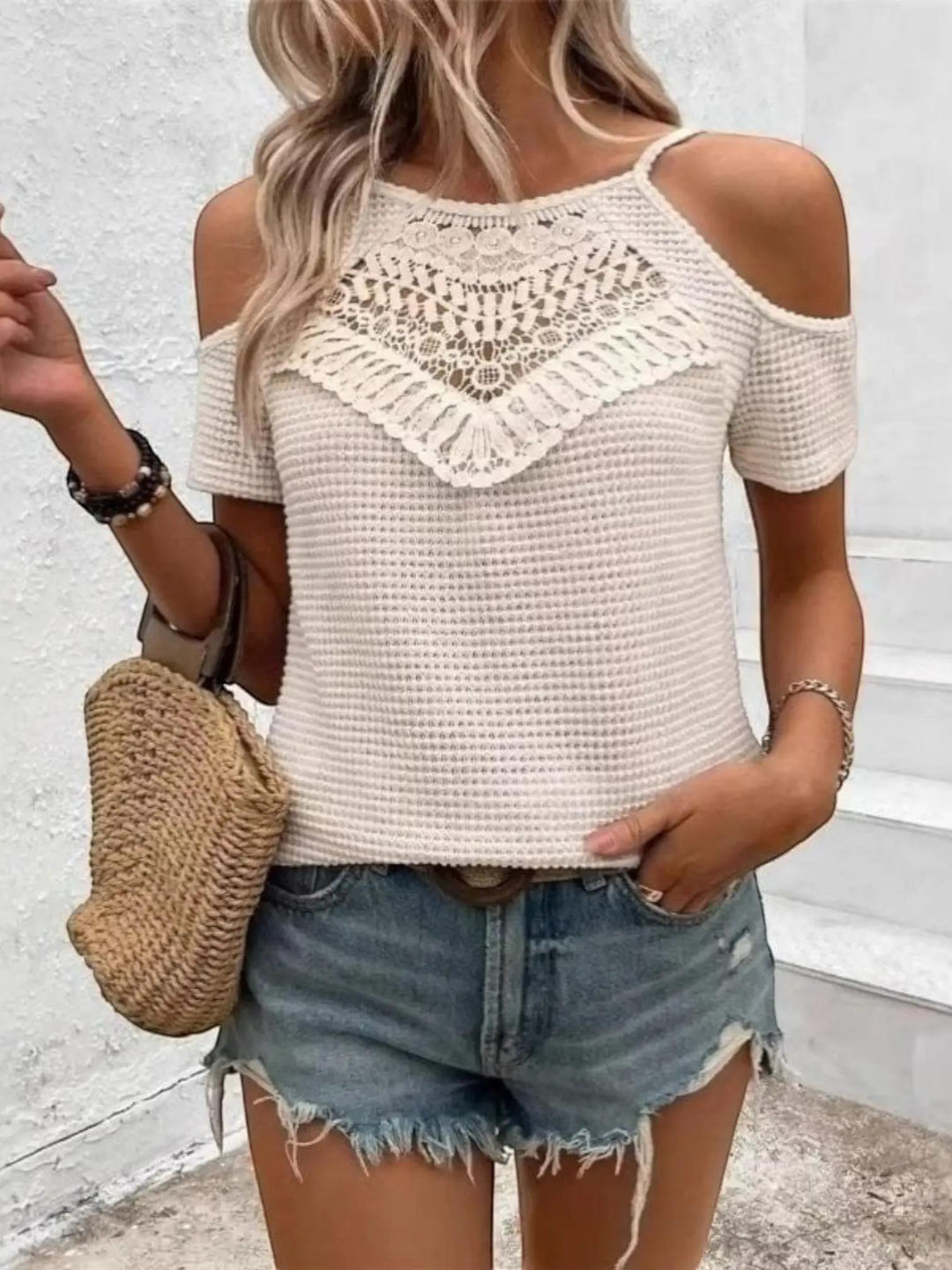 Woman wearing Beige Off Shoulder Crochet Top with relaxed, off-shoulder | Lunova
