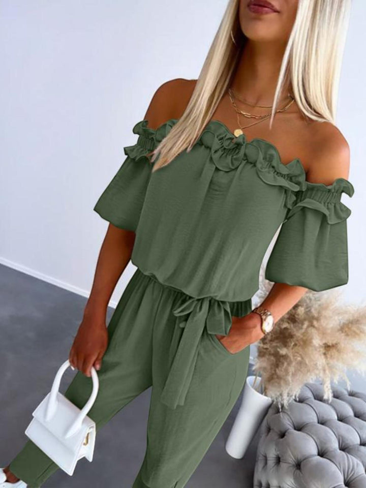 Woman wearing Army Green Off Shoulder Jumpsuit with off-shoulder | Lunova