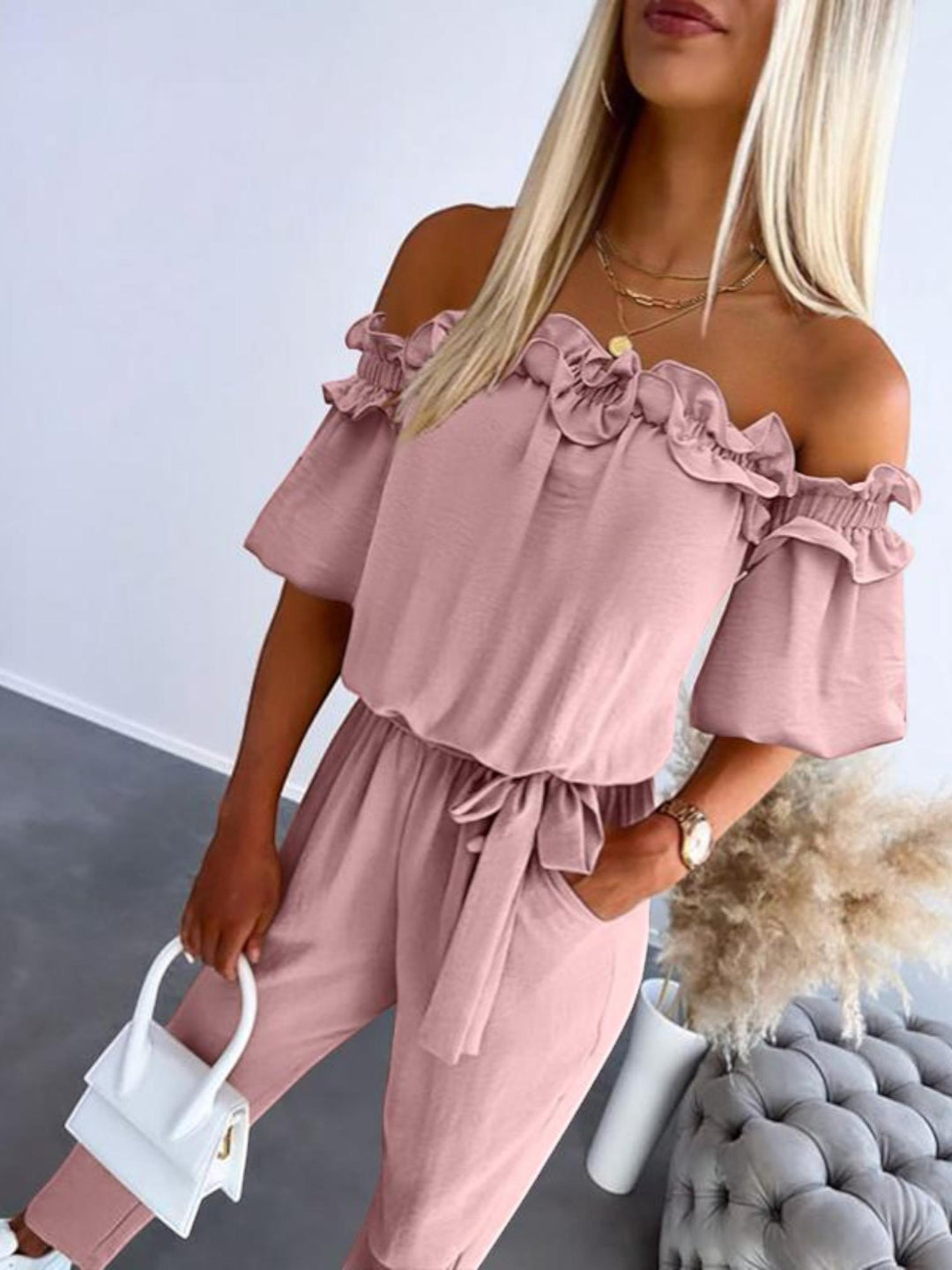 Woman wearing Pink Off Shoulder Jumpsuit with off-shoulder | Lunova
