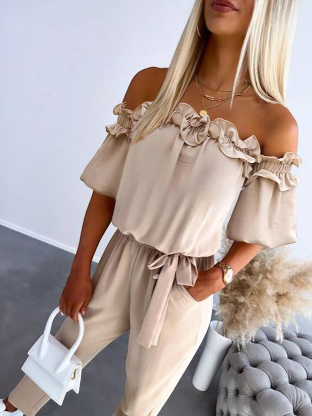 Woman wearing Apricot Off Shoulder Jumpsuit with off-shoulder | Lunova