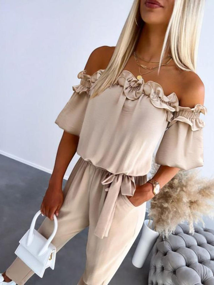 Woman wearing Apricot Off Shoulder Jumpsuit with off-shoulder | Lunova