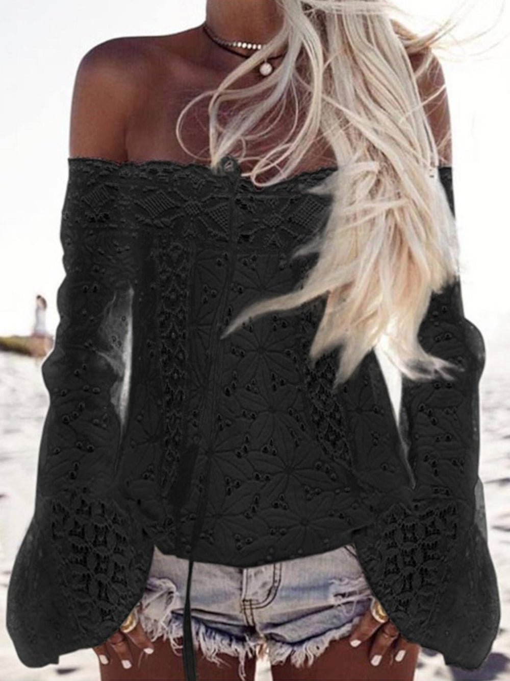 Woman wearing Black Off-Shoulder Lace Blouse with off-shoulder, lace | Lunova