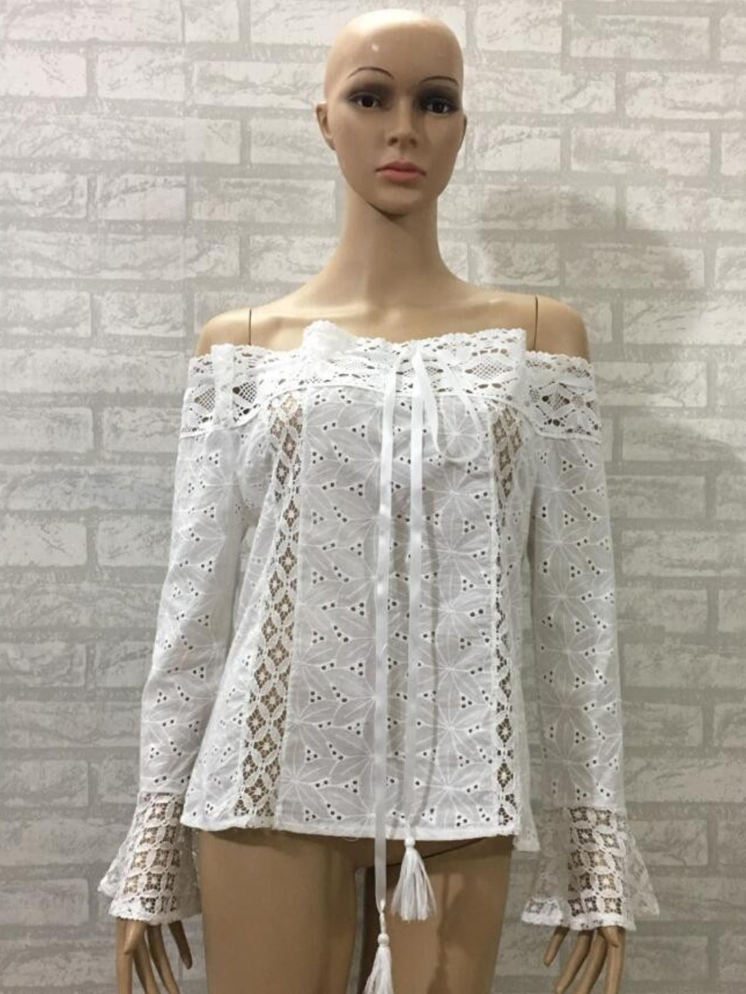 Woman wearing Off-Shoulder Lace Blouse with off-shoulder, lace — view 2 | Lunova