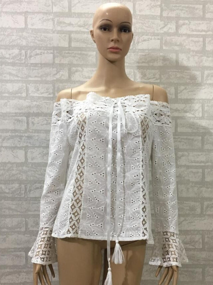 Woman wearing Off-Shoulder Lace Blouse with off-shoulder, lace — view 2 | Lunova