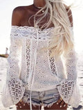 Woman wearing White Off-Shoulder Lace Blouse with off-shoulder, lace | Lunova