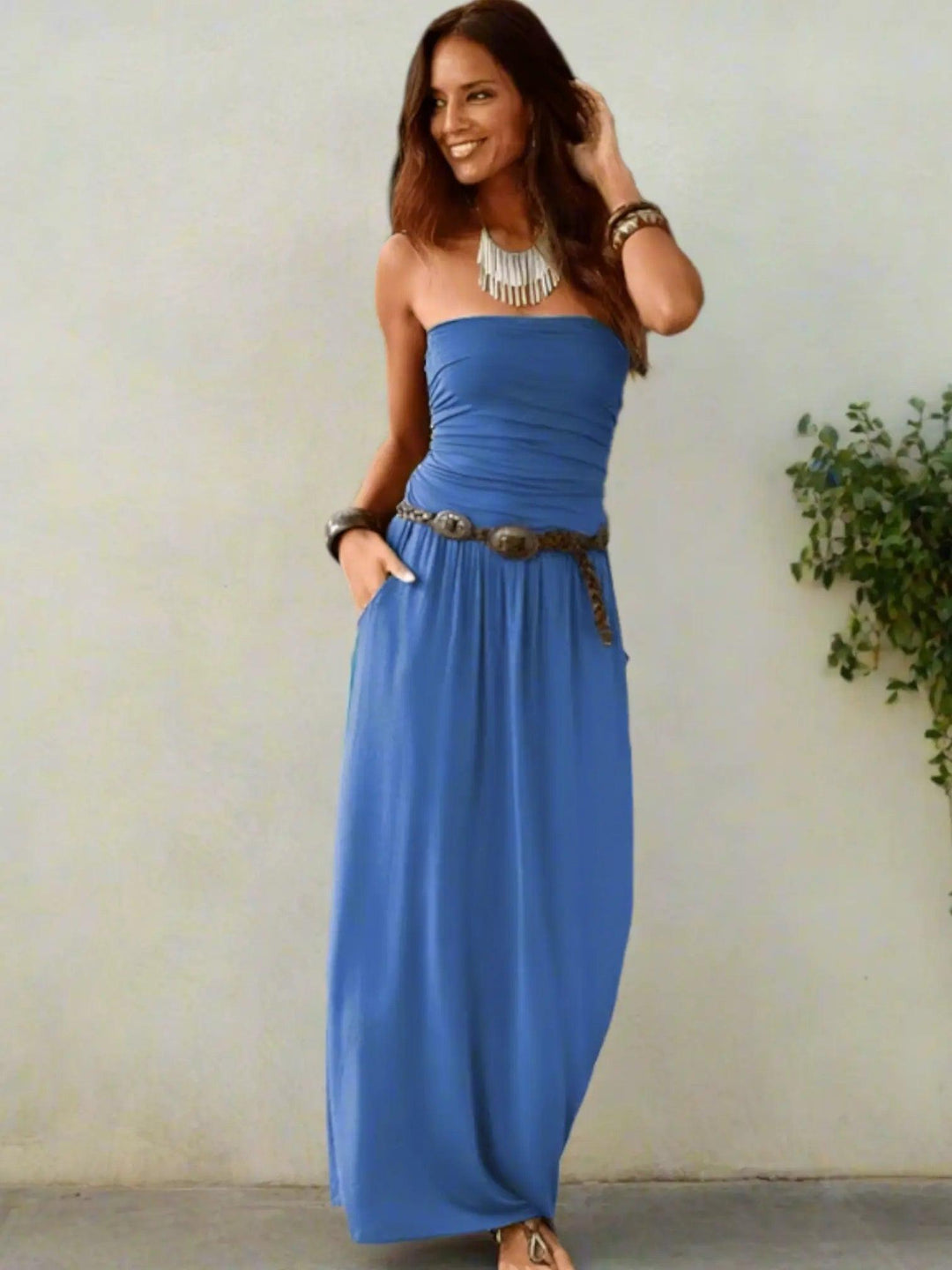 Woman wearing Blue Off Shoulder Maxi Dress with empire-waist, off-shoulder | Lunova