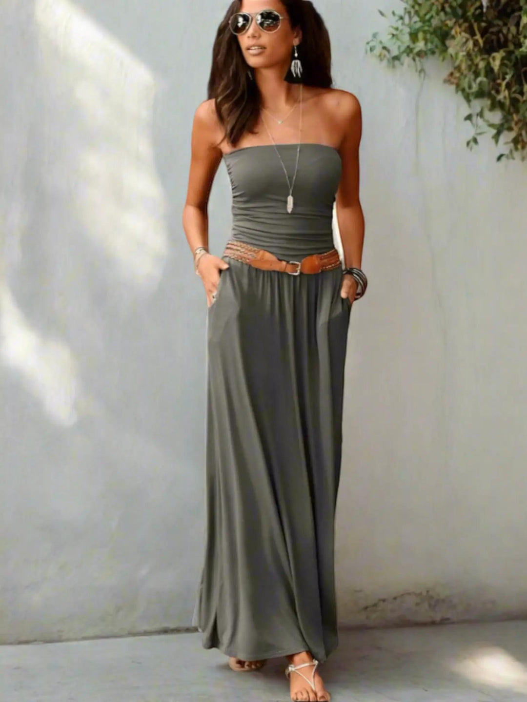 Woman wearing Grey Off Shoulder Maxi Dress with empire-waist, off-shoulder | Lunova