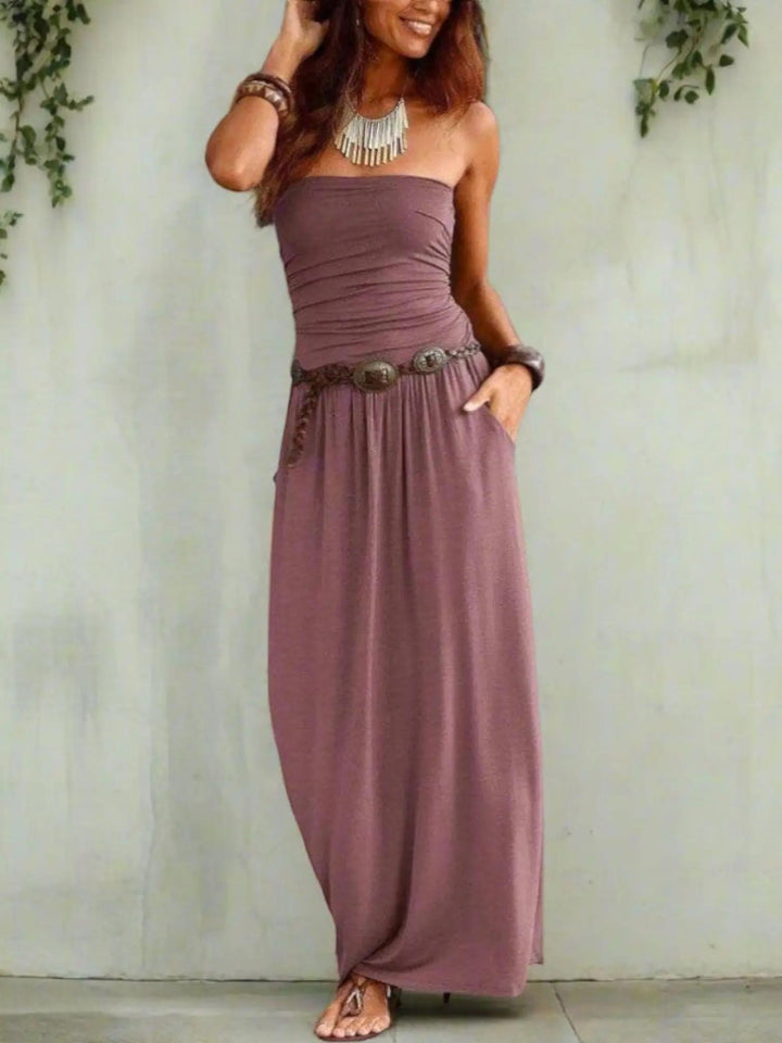 Woman wearing Burgundy Off Shoulder Maxi Dress with empire-waist, off-shoulder | Lunova