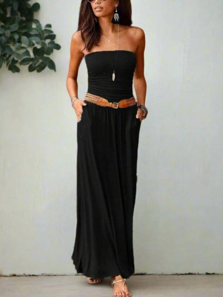 Woman wearing Black Off Shoulder Maxi Dress with empire-waist, off-shoulder | Lunova