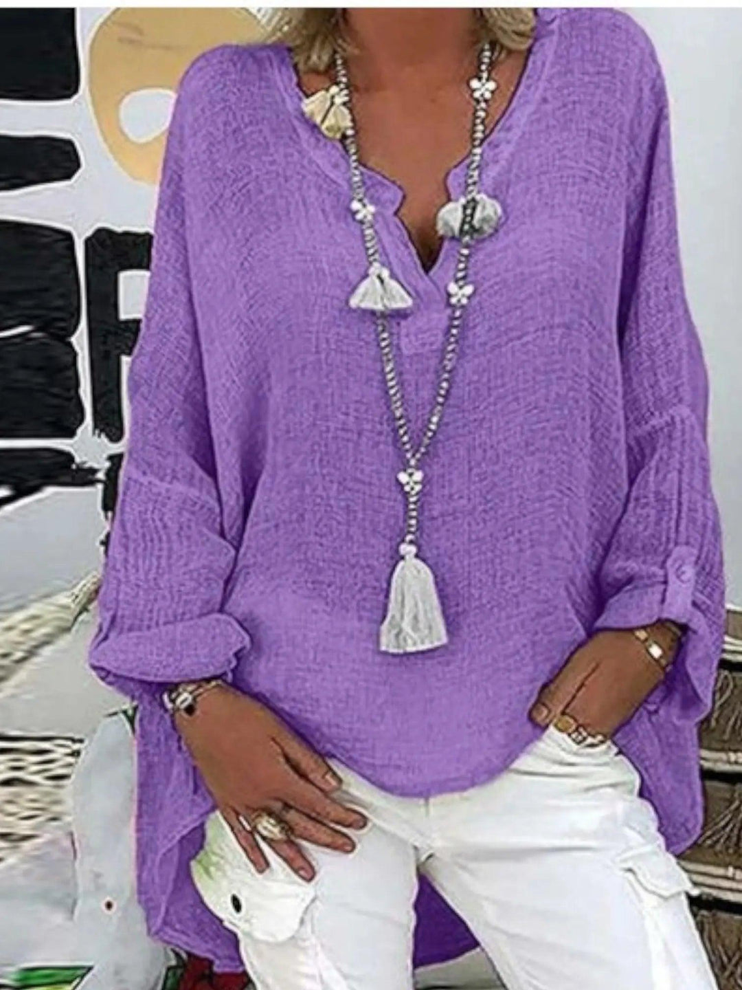Woman wearing Purple Oversized Lightweight Blouse with relaxed | Lunova