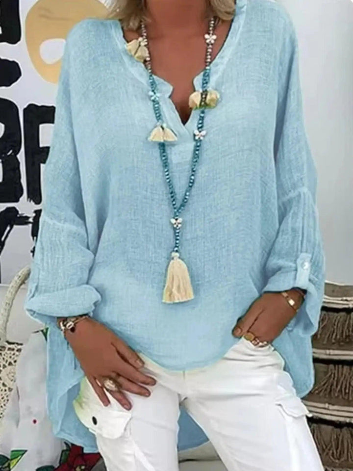 Woman wearing Blue Oversized Lightweight Blouse with relaxed | Lunova