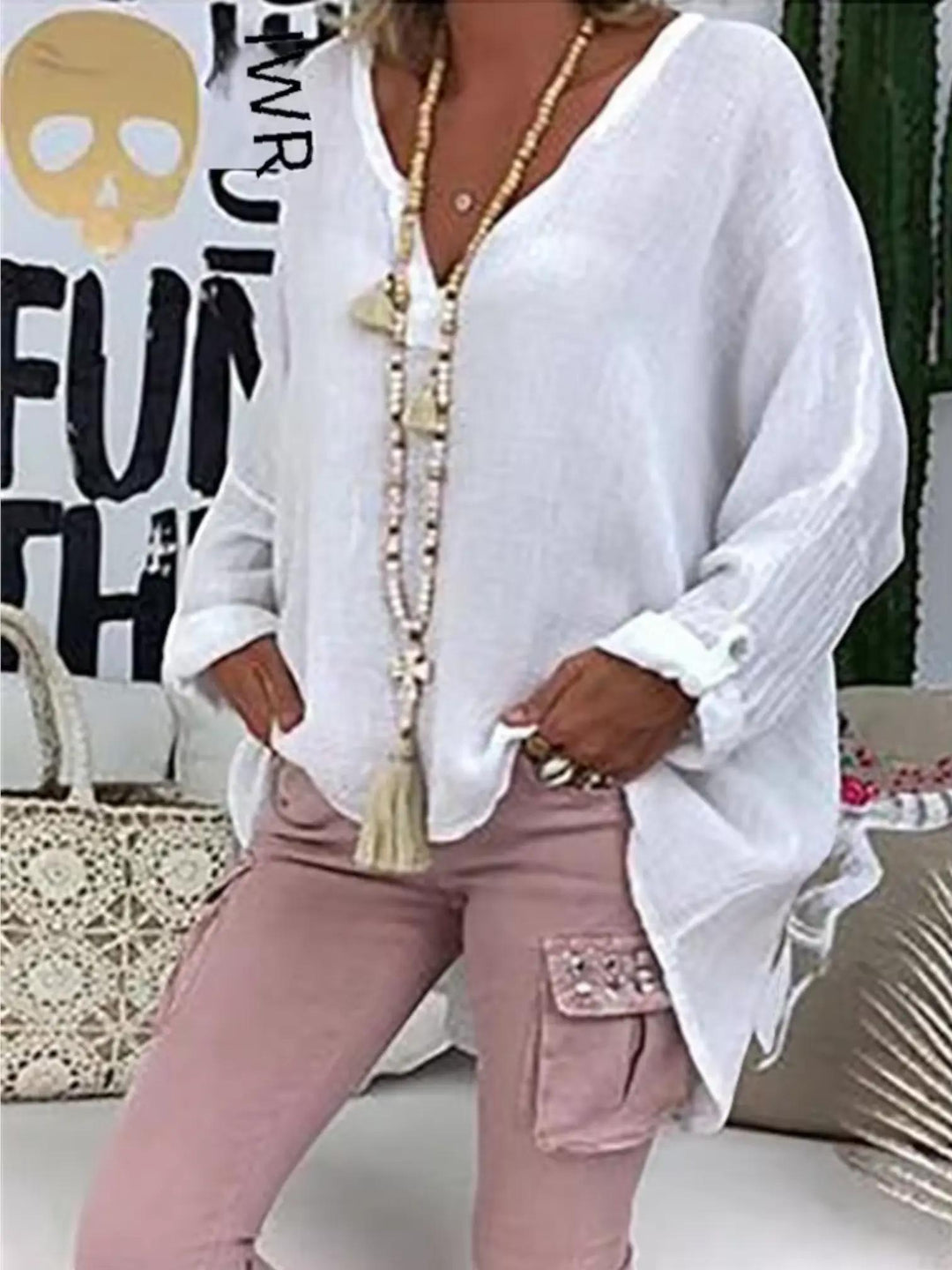 Woman wearing White Oversized Lightweight Blouse with relaxed | Lunova